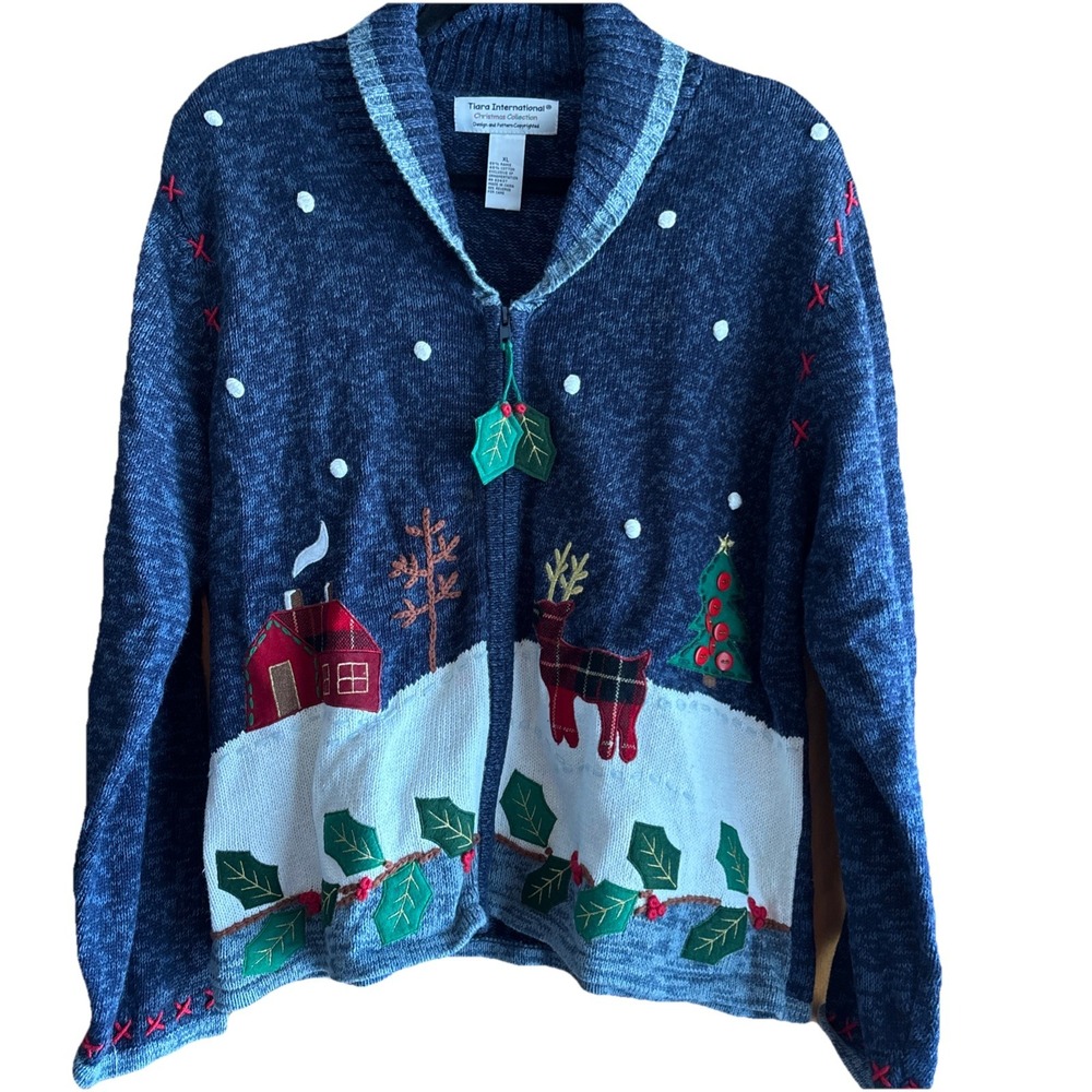 Vtg Tiara International Christmas Sweater Womens XL‎ Embellished Knitted Grandma